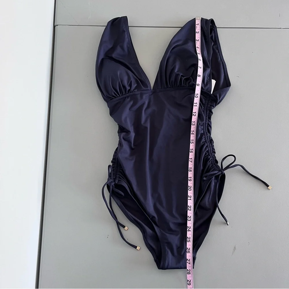 NWT Michael Michael Kors Navy Ruched One-Piece Swimsuit Size 8 Plunge Neckline - Picture 9 of 9